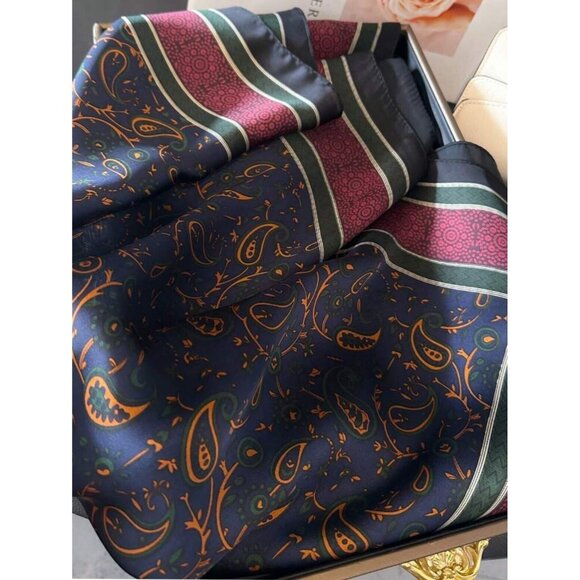 ✨Luxury Paisley Square Scarf Soft Silky Women Bandana Navy Burgundy Nautical New - Picture 4 of 6